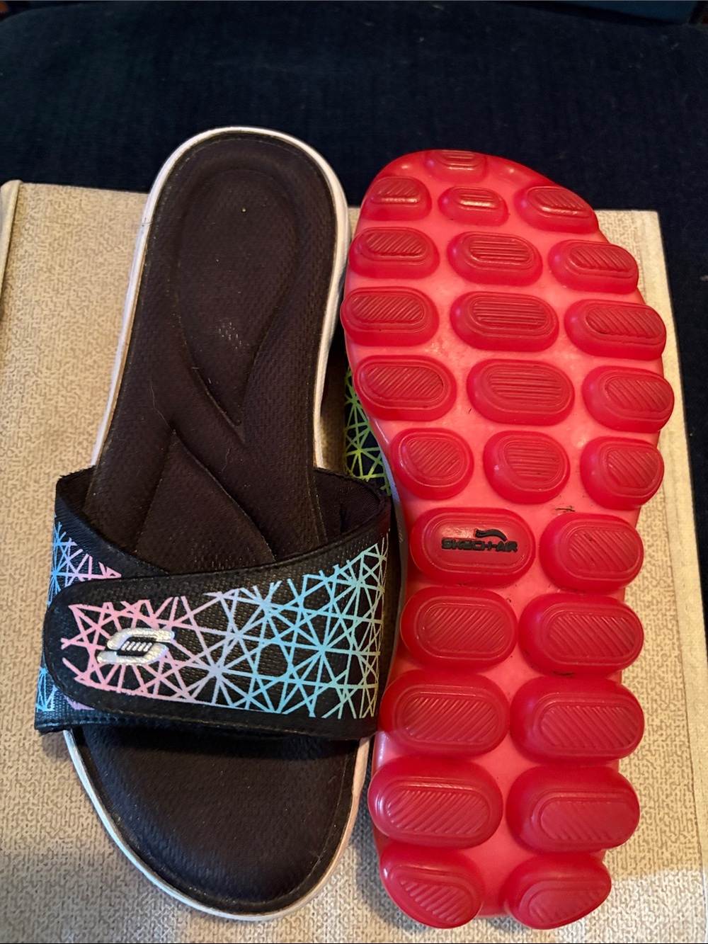 Skechers Black Slide Sandals with Pink & Aqua Geometric Strap